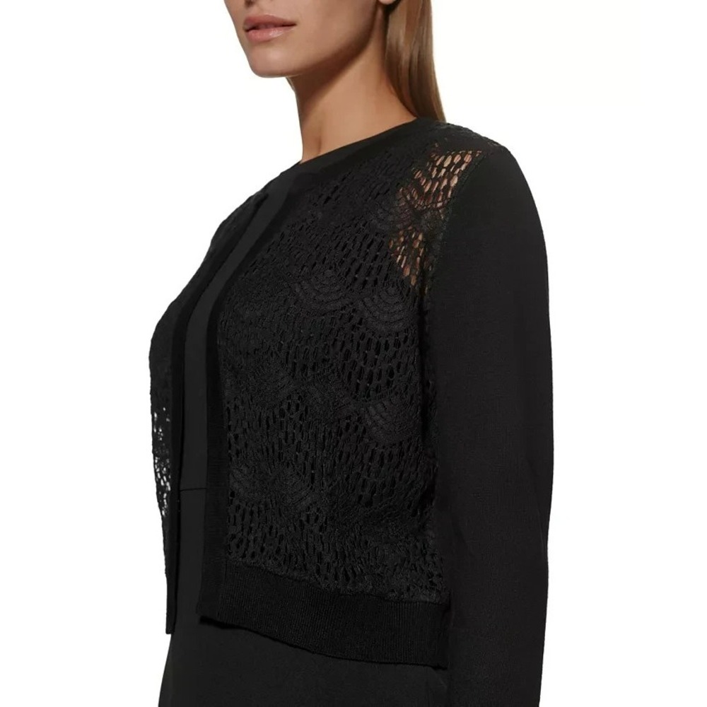 DKNY Lace-Front Open-Front Cardigan in Black Sweater Women's Size Medium‎